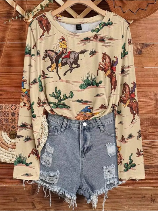 Emery Rose Tops - Cowboy Print Long Sleeve Tee - Beige